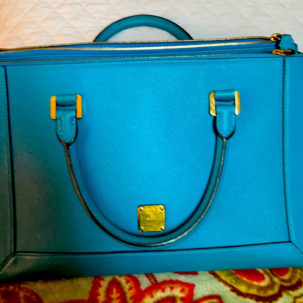 MCM med blue satchel bag